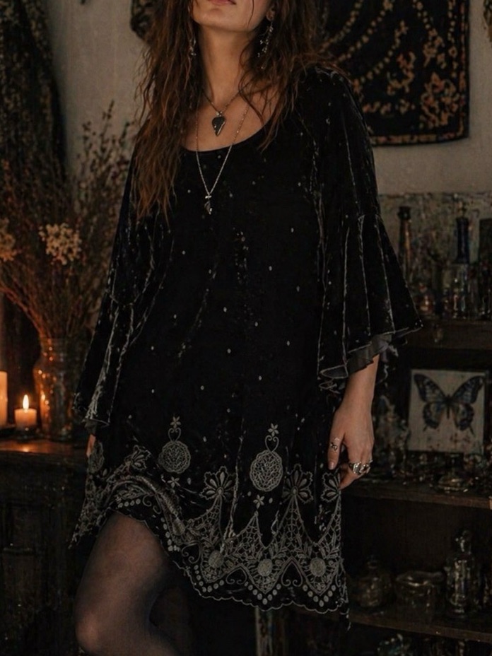 Johnny Was Love Black Roxanne Bohemian Velvet Whimsigoth Mini Dress Medium